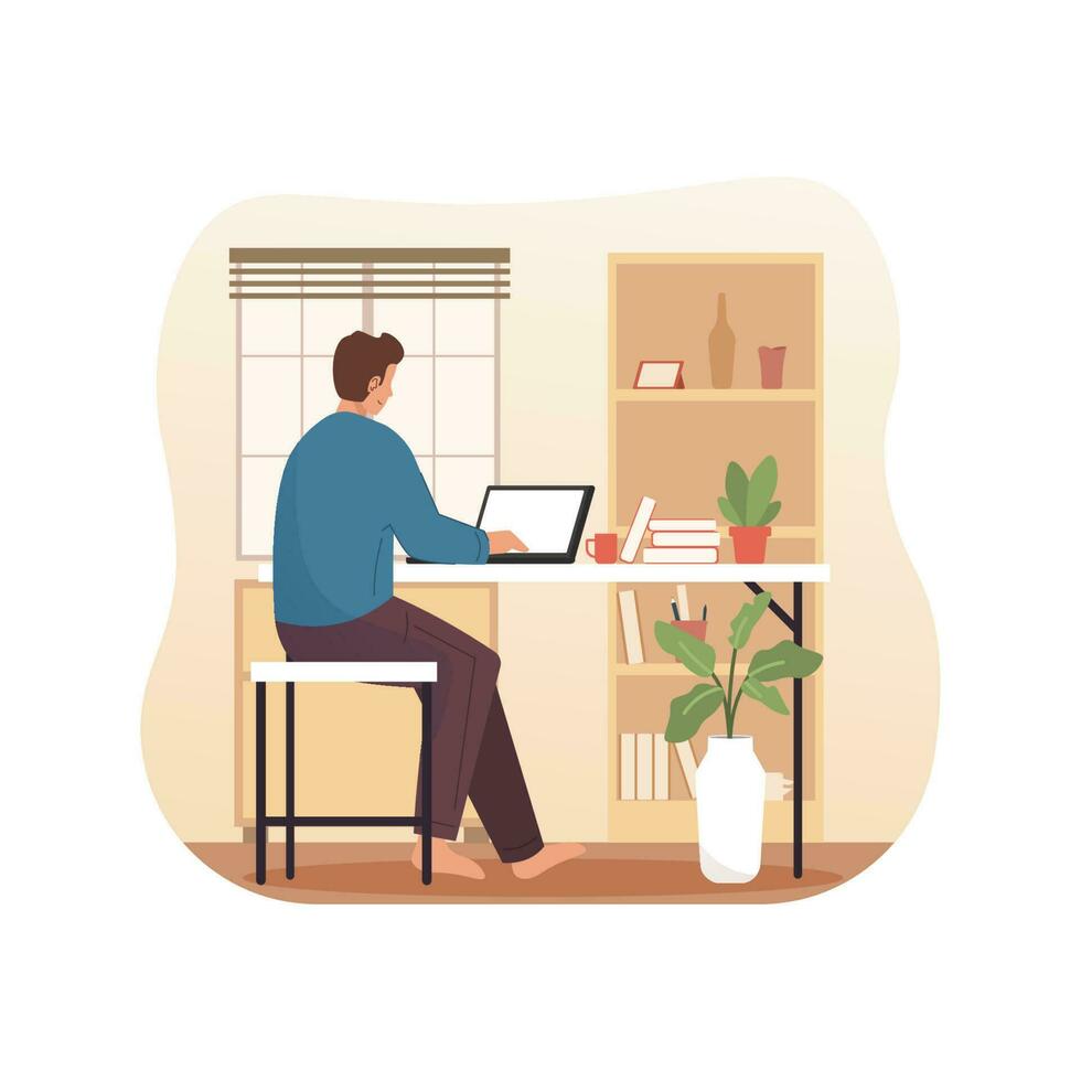 Man working on laptop. Freelancer concept vector