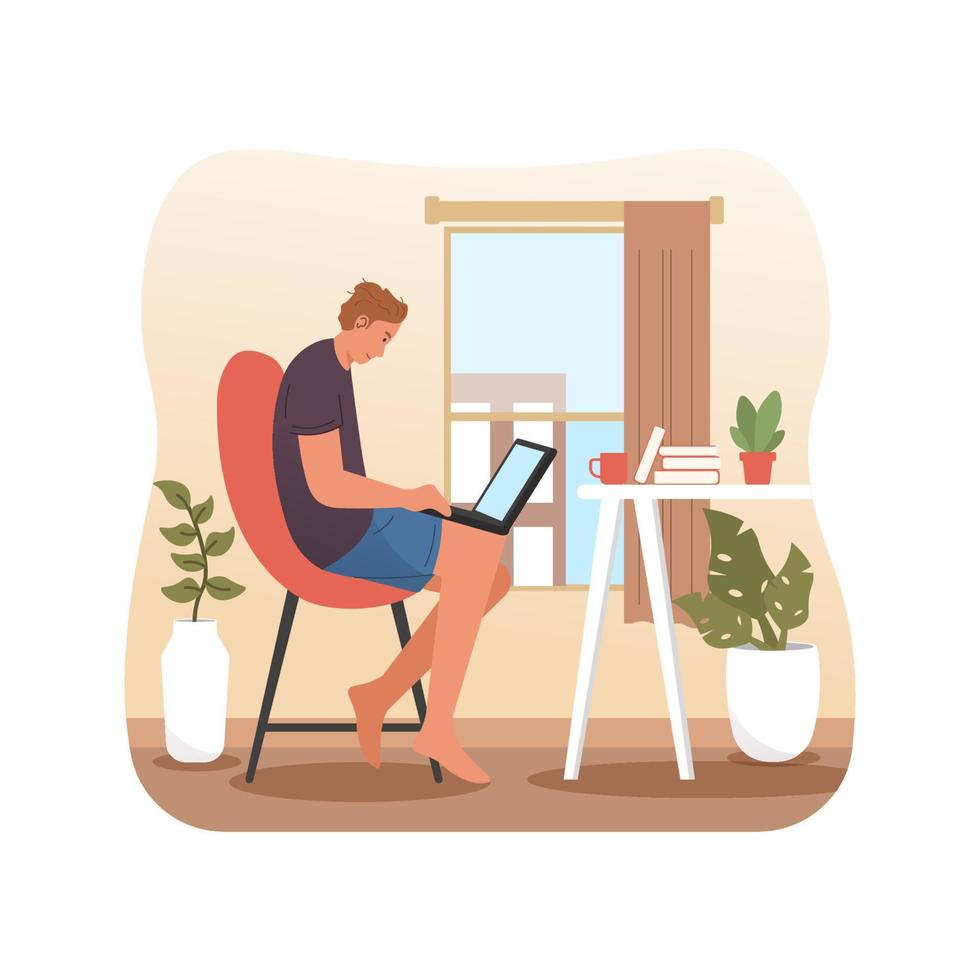 Man working on laptop at home vector