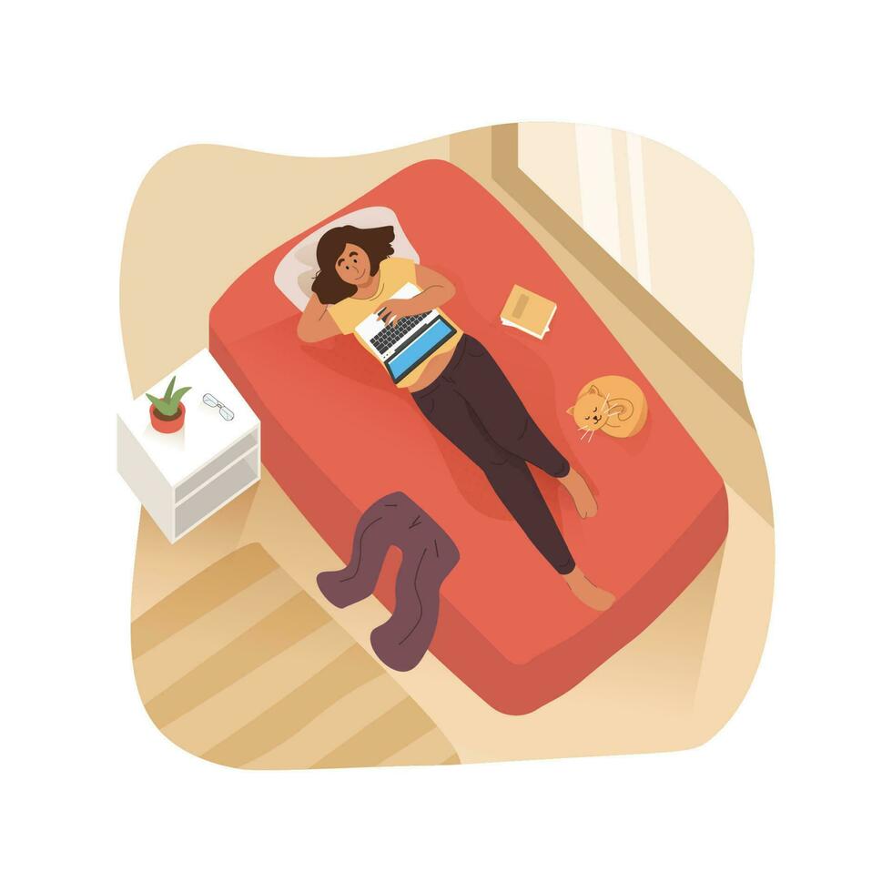 Woman working on laptop while laying down on bed vector