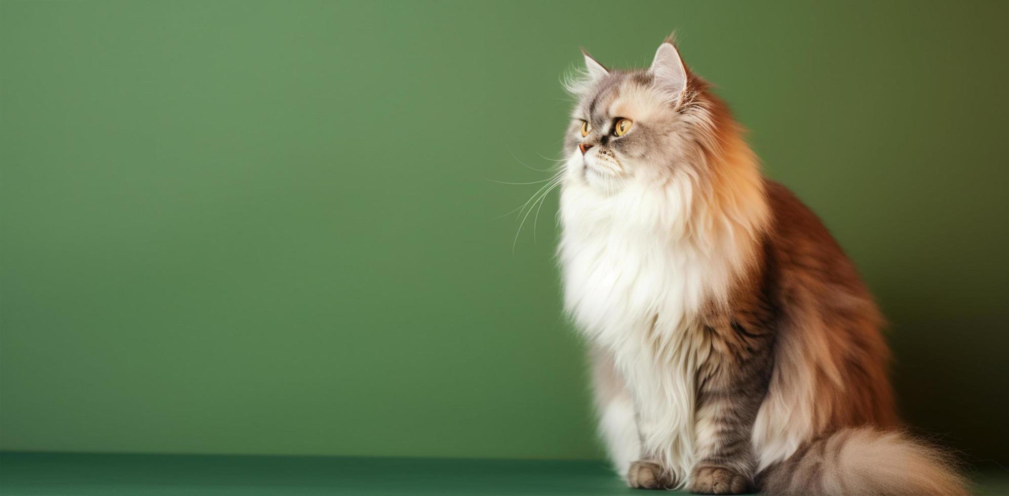 brown persian cat portrait bright green gradient background. with copy space. generate ai. photo