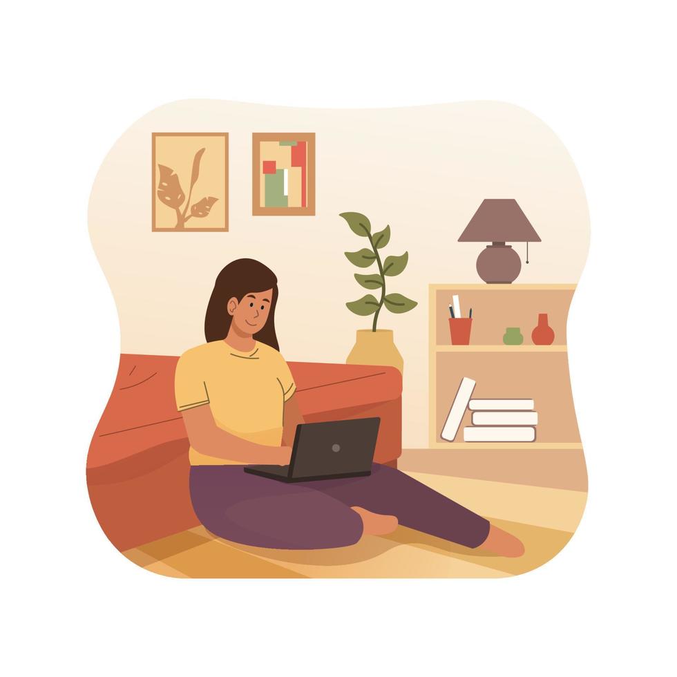 Woman working on laptop while sitting on the floor vector