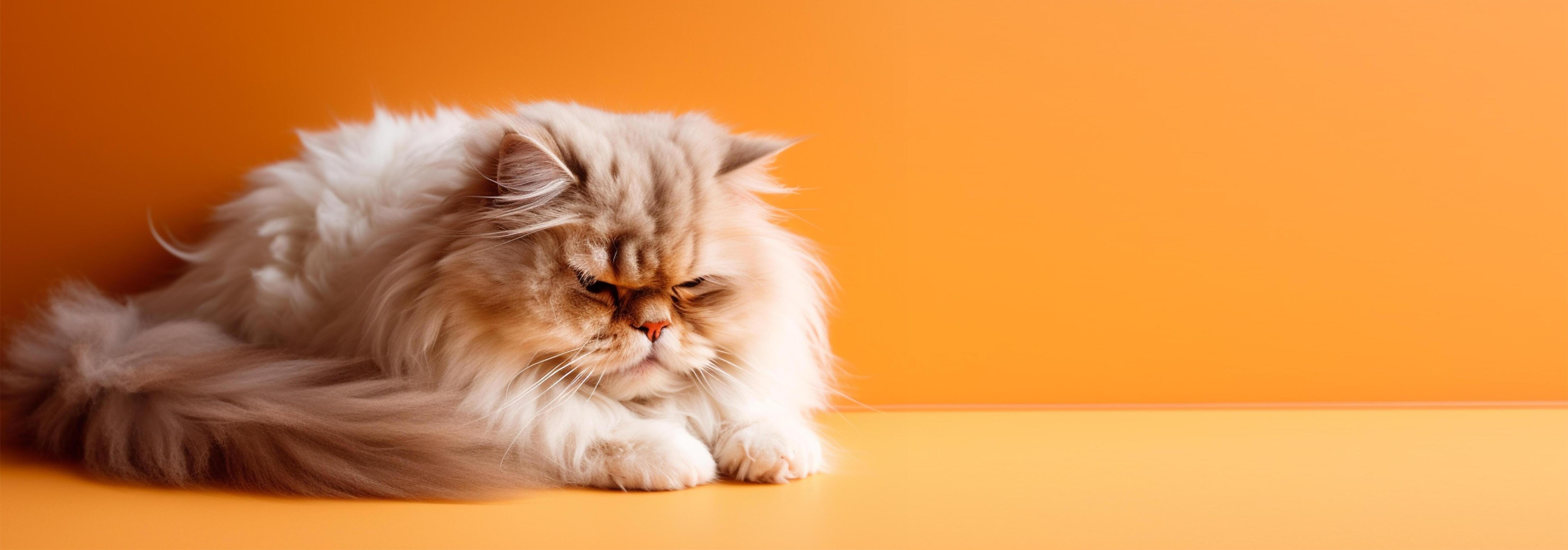white persian cat portrait relaxing orange background. with copy space