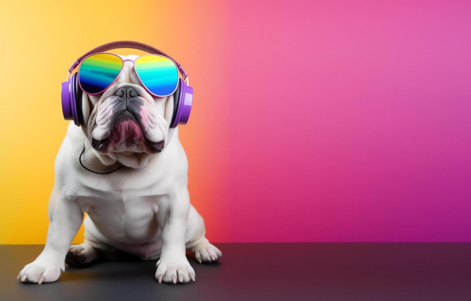 close up portrait of bulldog wearing glasses and headset. isolated on colorful background, with copyspace. Cheerful concept with listening to music. photo