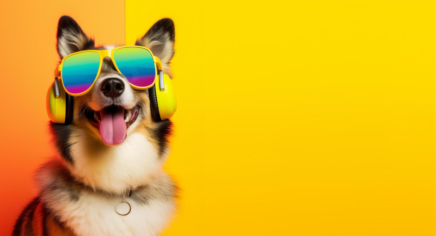 close up portrait of dog wearing glasses and headset. isolated on orange and yellow background, with copyspace. Cheerful concept with listening to music. photo