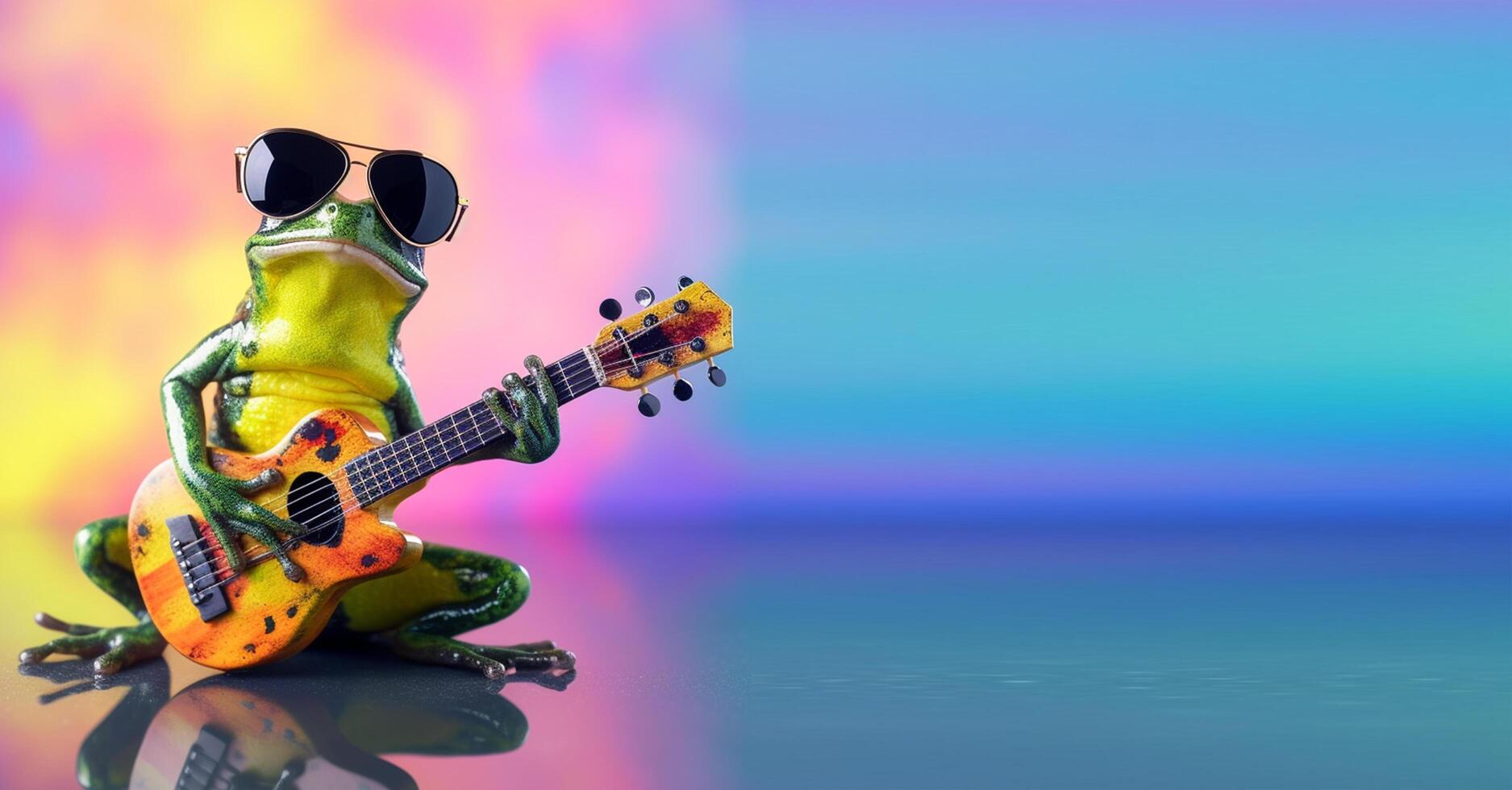 portrait of frog playing guitar and wearing glasses, bright gradient background. with copy space, happy and cheerful concept, ideal for banners or greeting cards etc. photo