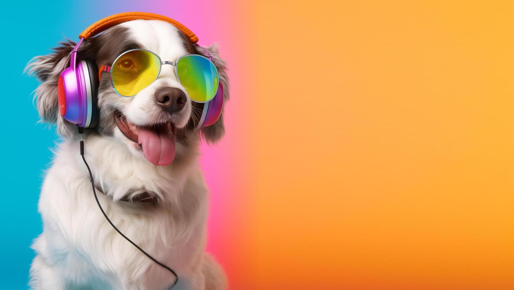close up portrait of dog wearing glasses and headset. isolated on colorful background, with copyspace. Cheerful concept with listening to music. photo