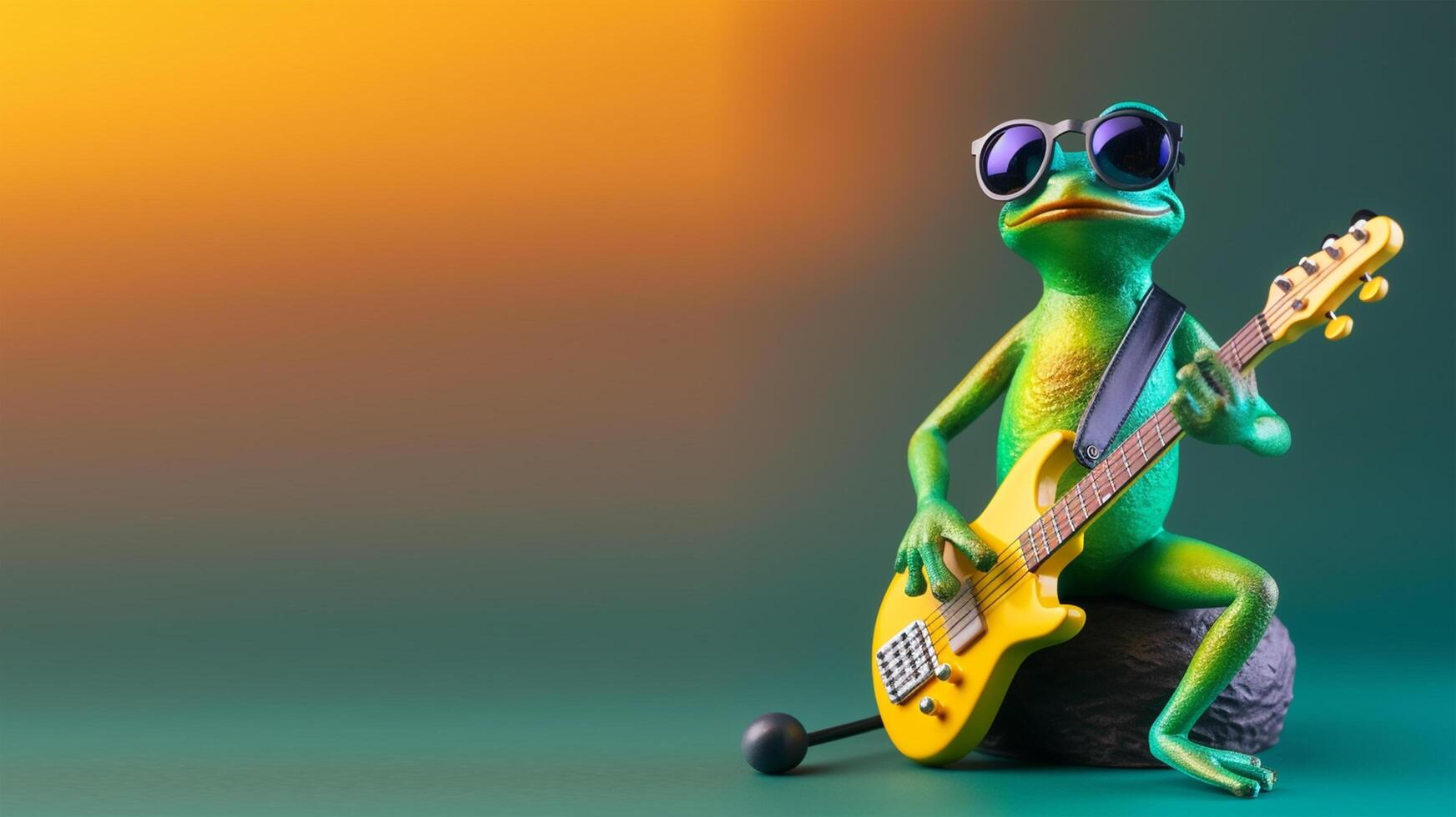 portrait of frog playing guitar and wearing glasses, green and orange gradient background. with copy space, happy and cheerful concept, ideal for banners or greeting cards etc. photo
