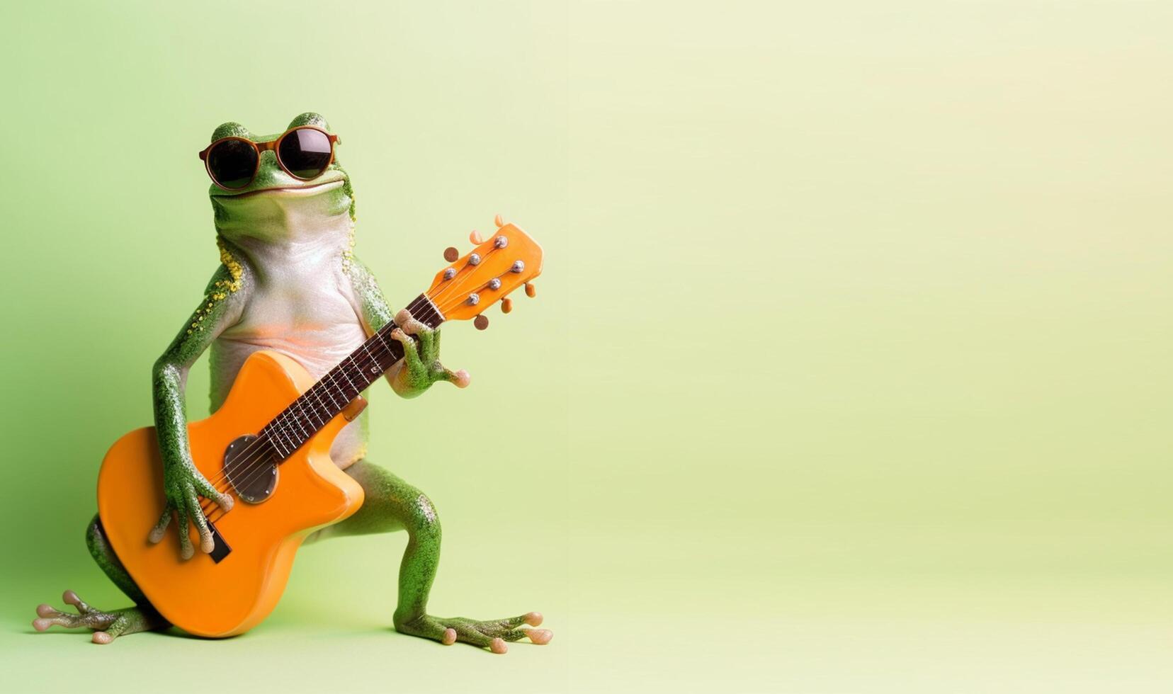 portrait of frog playing guitar and wearing glasses, pastel green gradient background. with copy space, happy and cheerful concept, ideal for banners or greeting cards etc. photo