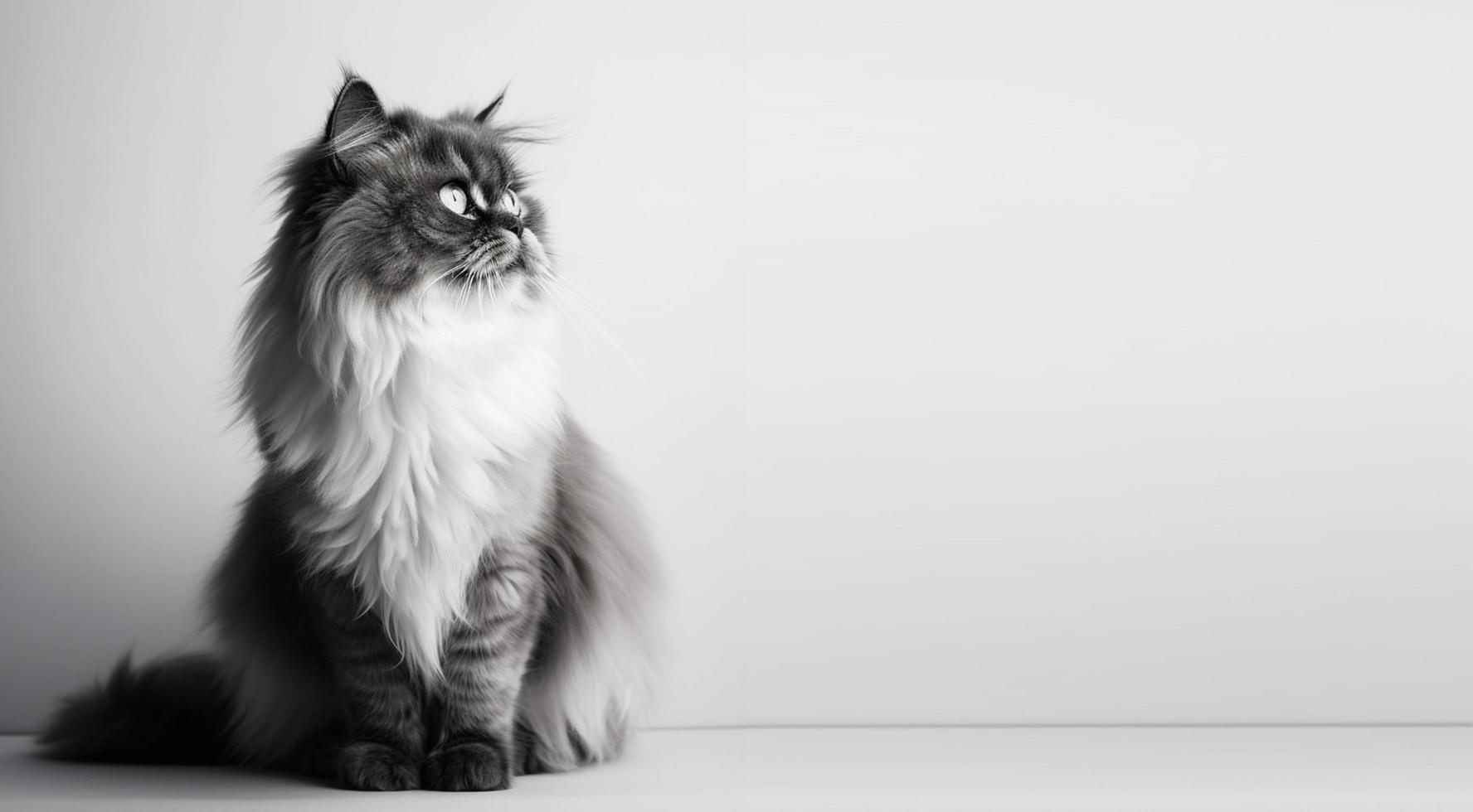 black and white persian cat portrait gray background. with copy space. produce ai photo