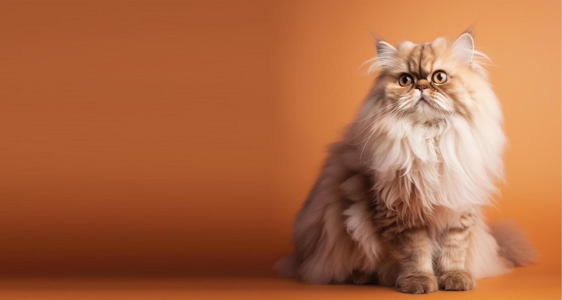 brown persian cat portrait orange background. with copy space. photo