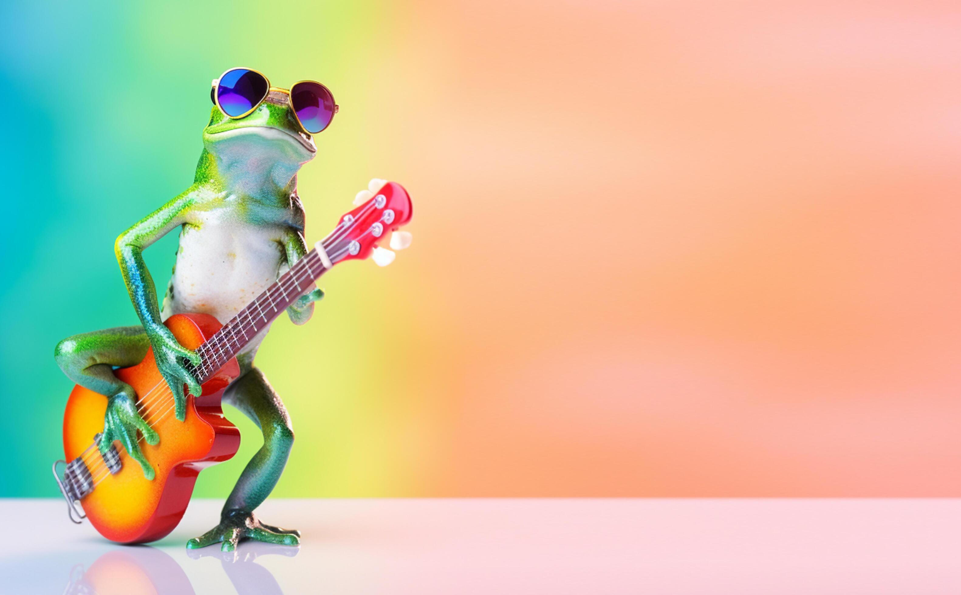 portrait of frog playing guitar and wearing glasses, colorful bright