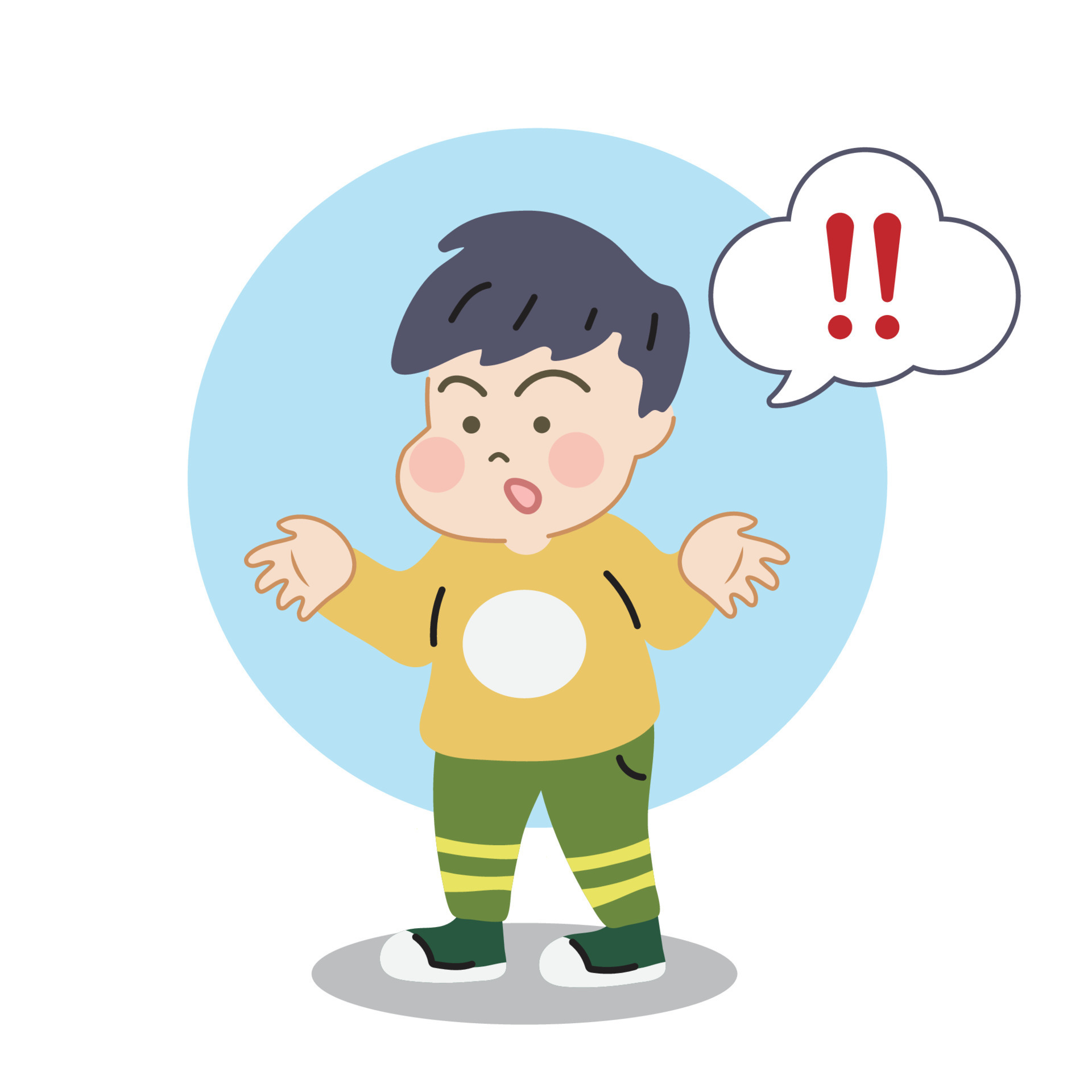 Cute kid boy with blank thought bubble mind. Cartoon hand drawn