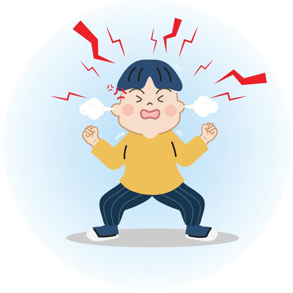 Cute little boy angry, tantrum and scream very loud. Cartoon hand drawn character vector isolated on white background.
