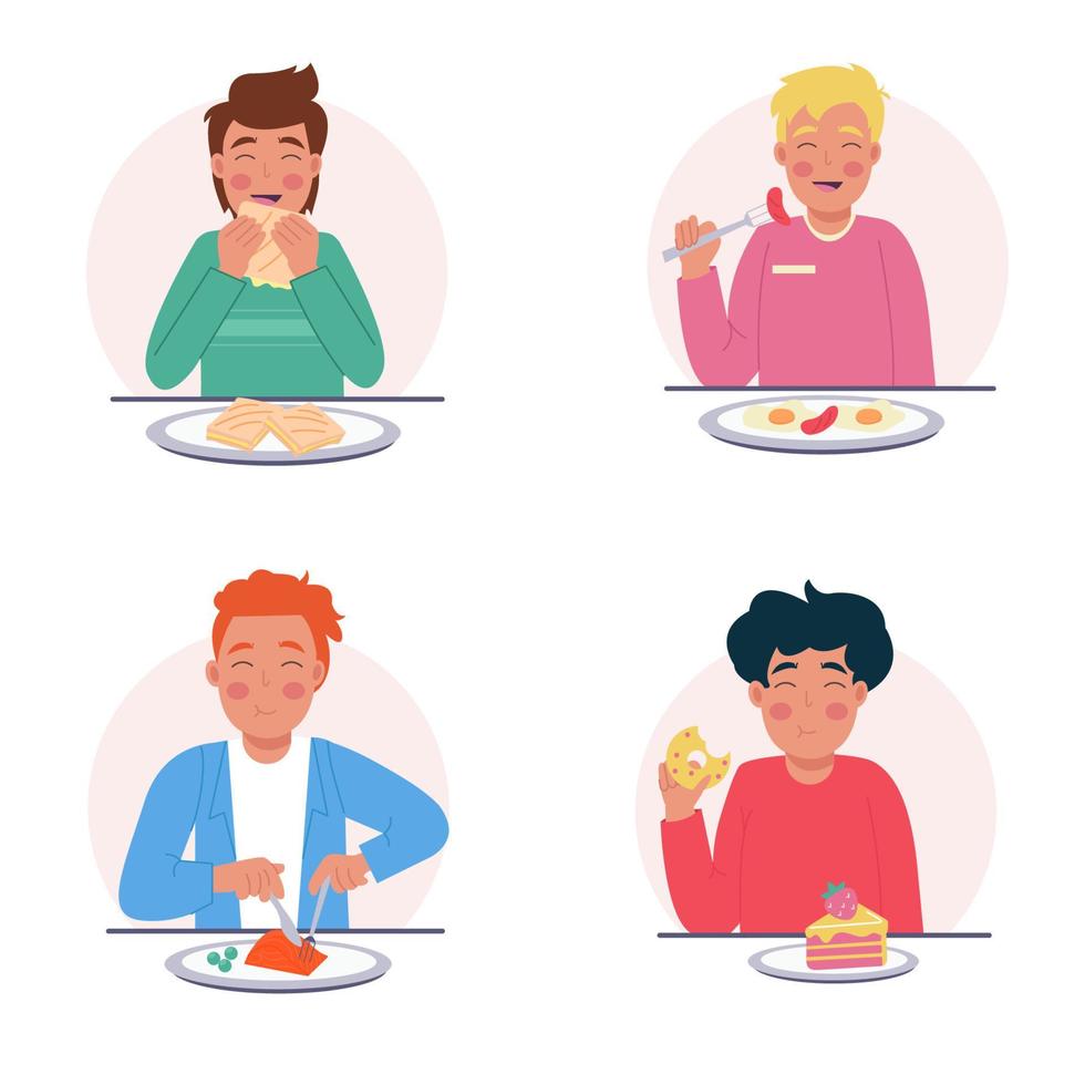 conjunto de hombres comiendo diferente comida en plano estilo vector