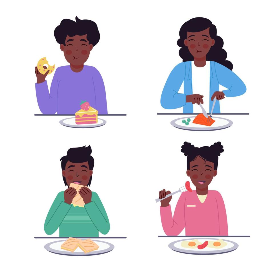 People African American women and men eating different food in flat style vector