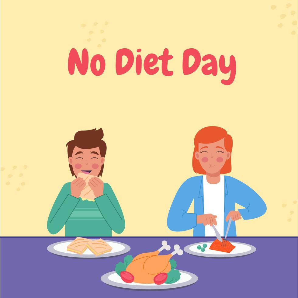 No diet day. A man and a woman at a table eating food vector