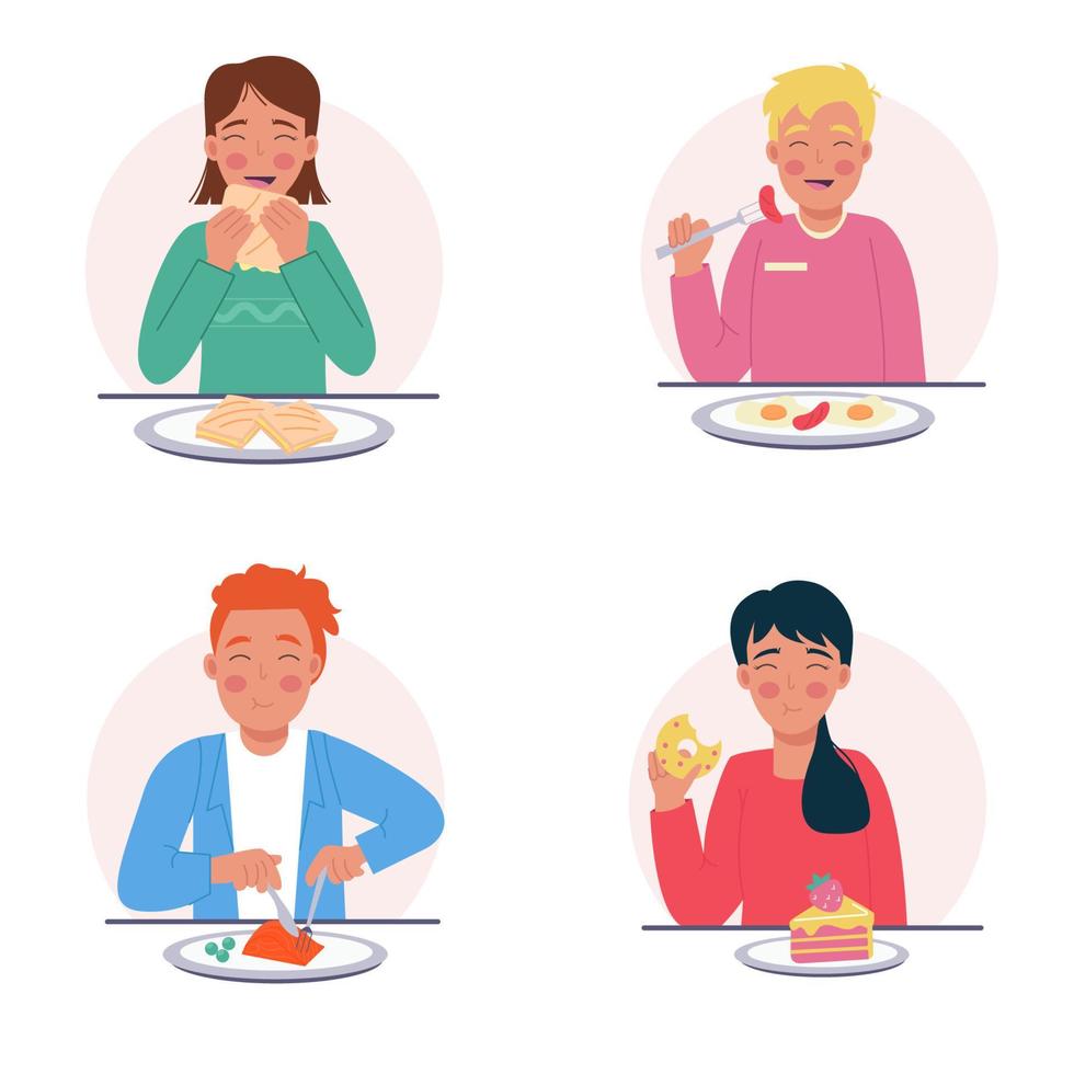 People women and men who eat different foods in a flat style vector