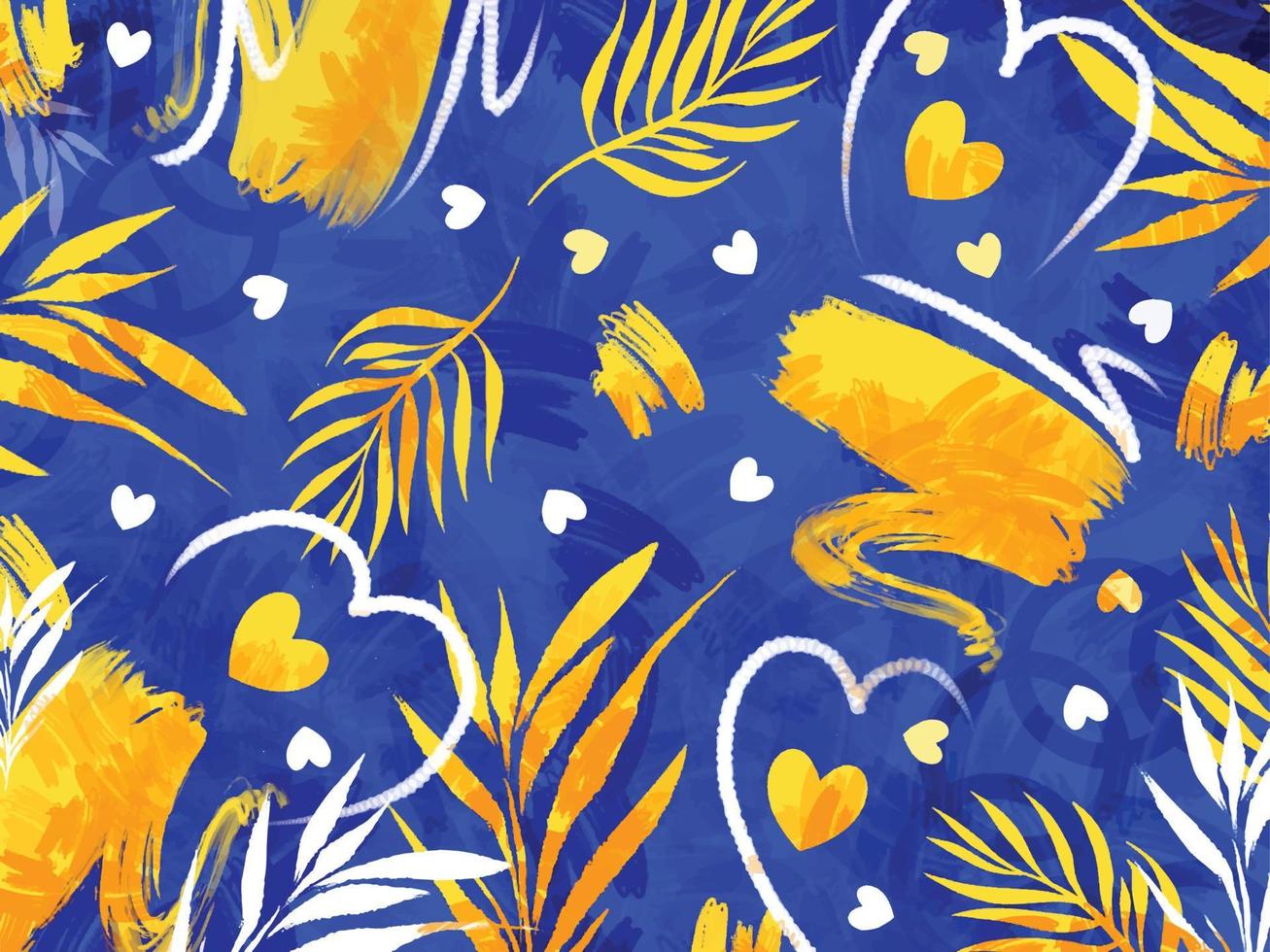 Blue and yellow leaves, abstract grunge brush stroke, and heart peace vector background isolated on horizontal landscape rectangle template. Simple flat styled vector wallpaper for poster, cards.