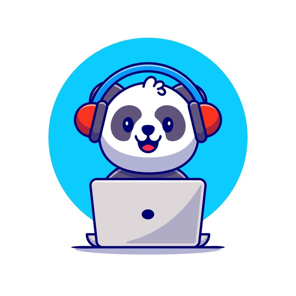 Cute Panda Listening Music With Headphone And Laptop  Cartoon Vector Icon Illustration. Animal Music Icon Concept  Isolated Premium Vector. Flat Cartoon Style