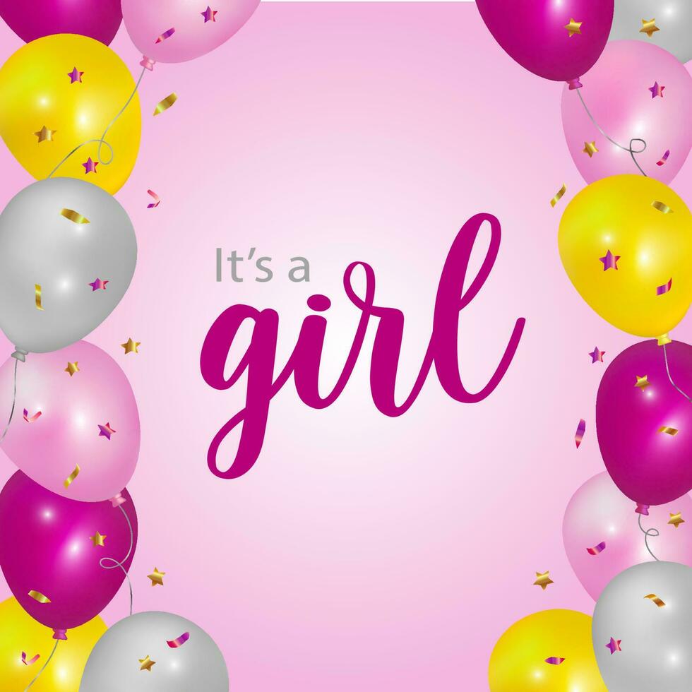 It's a girl. Balloon background with copy space. Bunch of pink, white, yellow balloons and confetti. Vector design.