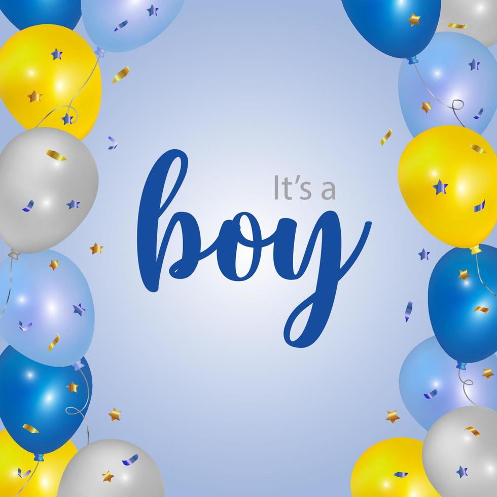 It's a boy. Balloon background with copy space. Bunch of blue, white, yellow balloons and confetti. Vector design.