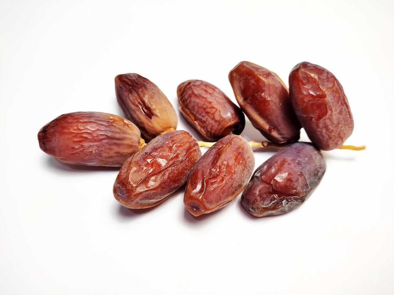 Dried dates on stalk, white background photo