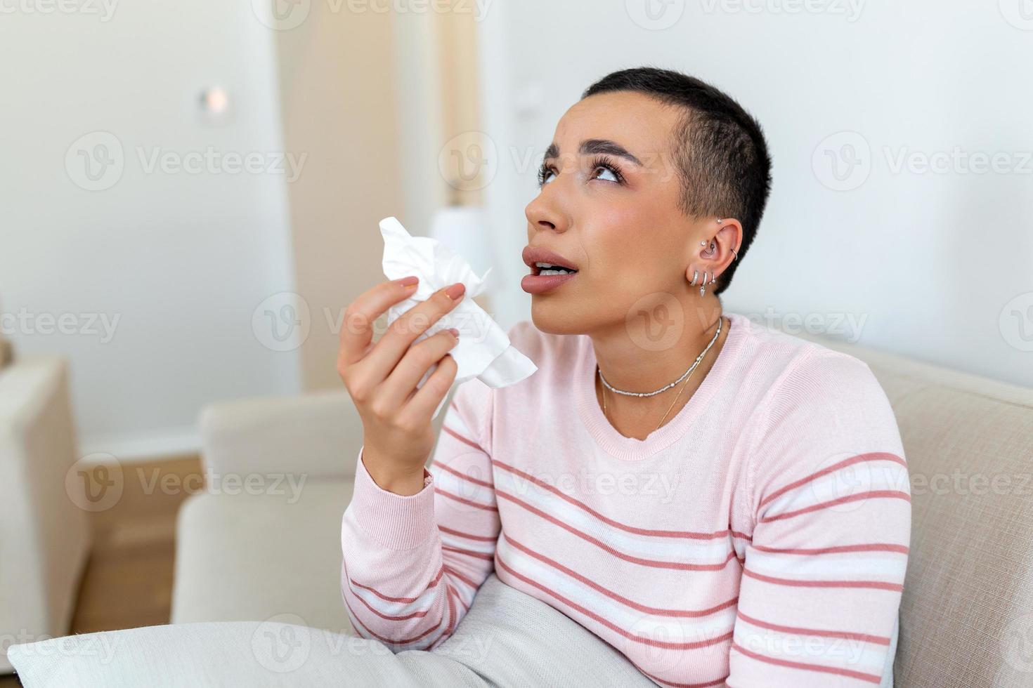 Depressed woman holds headscarf, sadness and frustration, crying woman, despair emotions expression The life of a woman is doomed to live in fear and suffering. photo