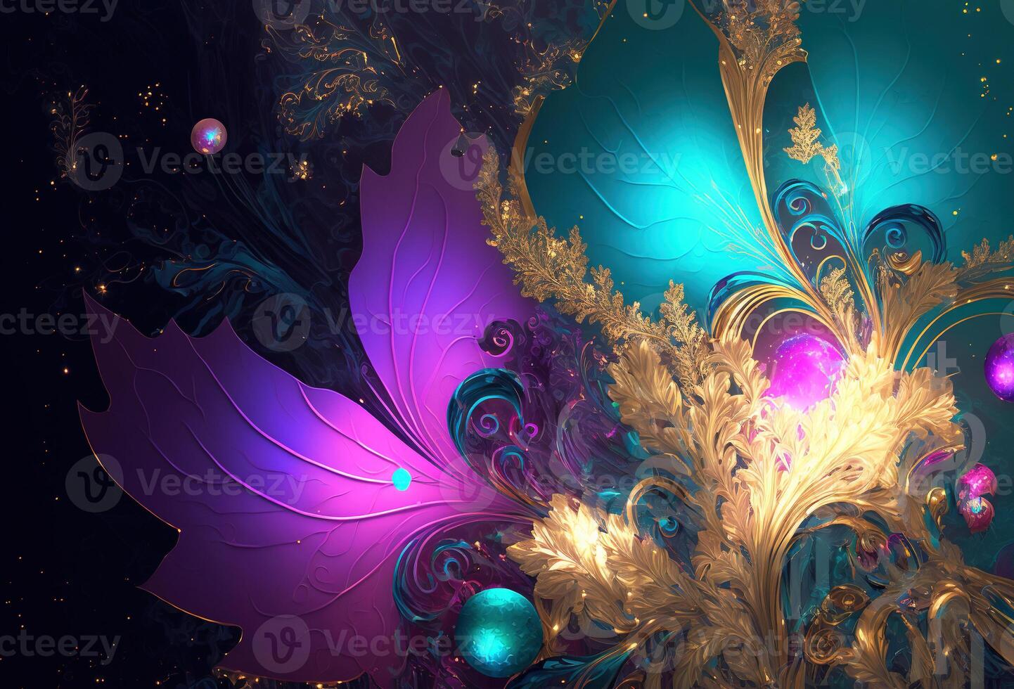 Elegant, luxurious ornament of gold, purple and green flowers and leaves. Abstract floral pattern, jewelry background. 3D rendering. photo