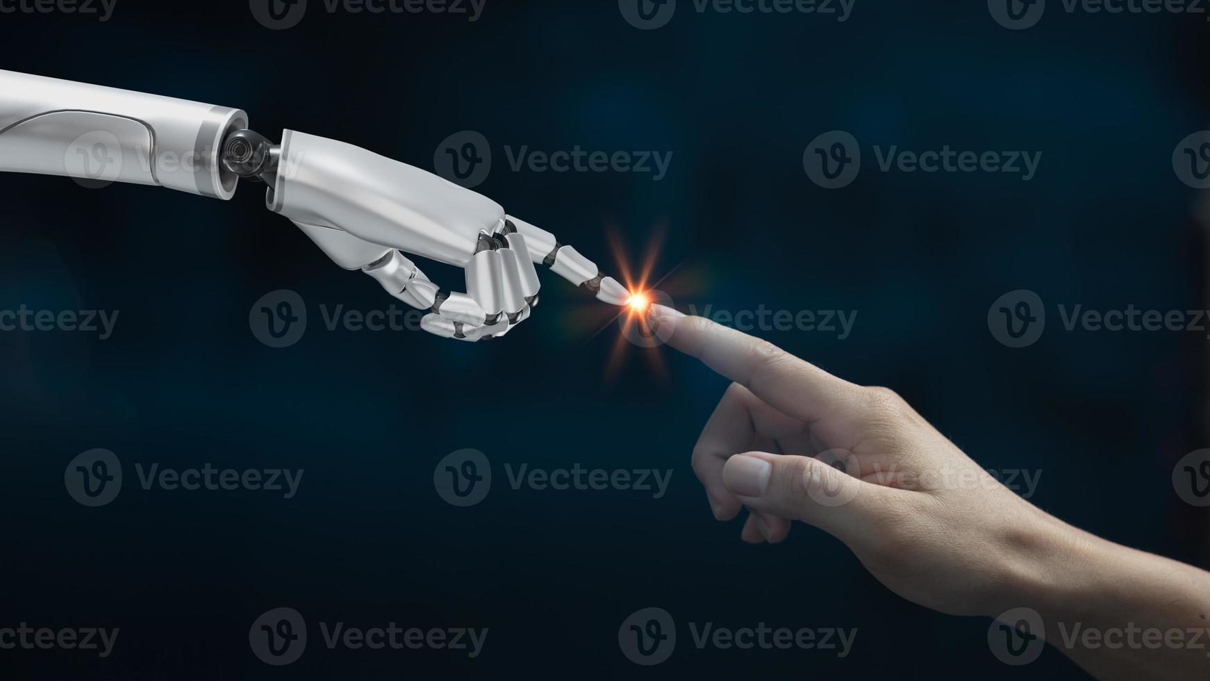 mano humano dedo toque cyborg robot blanco 3d representación. foto