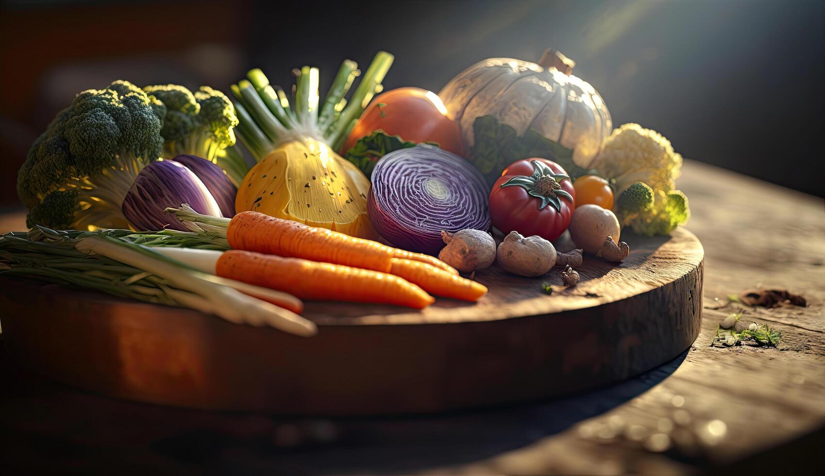 sano de varía crudo orgánico vegetales en cesta caja en de madera mesa, Fresco ingredientes para cocinar y comidas, alto vitamina y minerales, verde hidroponia plantas, con generativo ai. foto