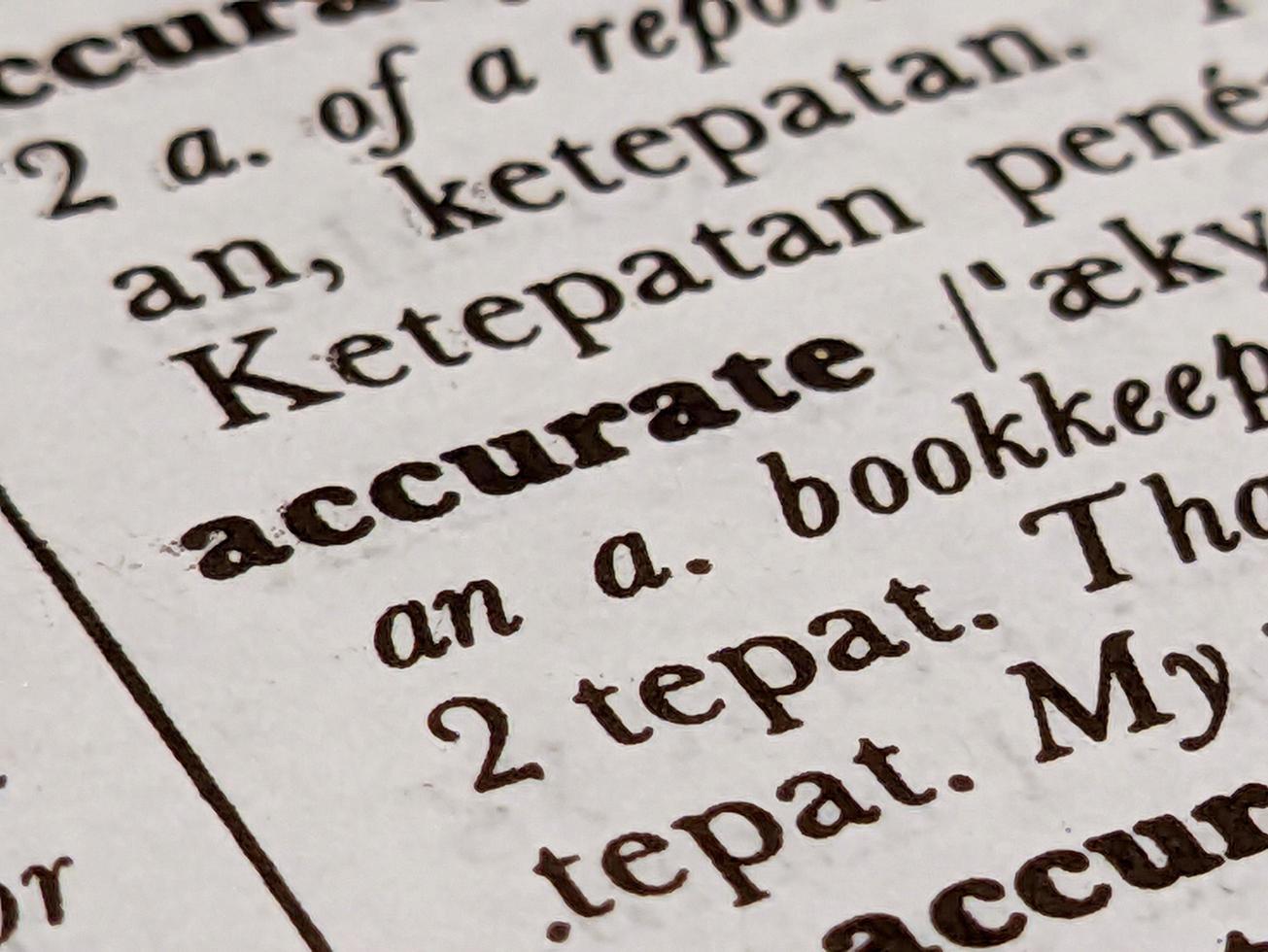 a close up of the word accurate in the English to Indonesian dictionary. For word background or wallpaper photo