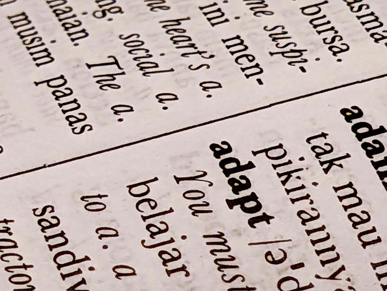 a close up of the word adapt in the English to Indonesian dictionary. For word background or wallpaper photo