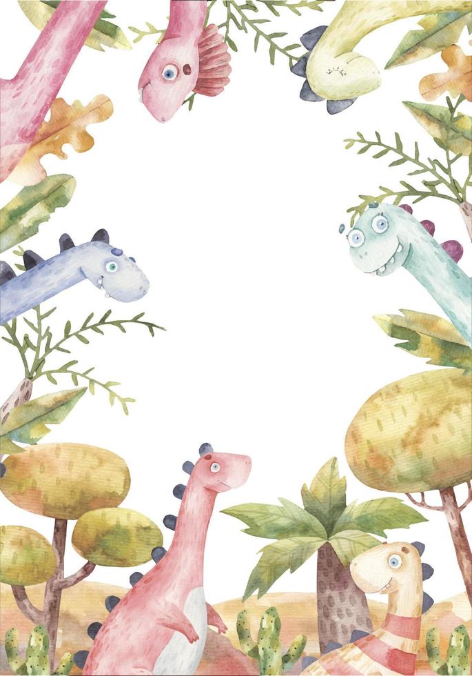 template for invitation, kids design, watercolor illustration, dinosaurs in the jungle vector