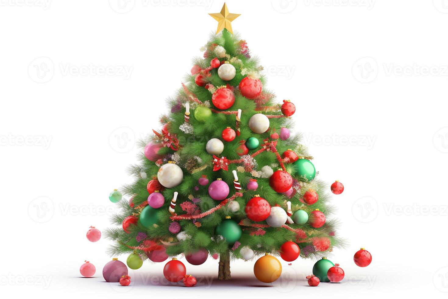 Isolated Christmas Tree With Balls And Decorations On White Background. Christmas Eve. photo