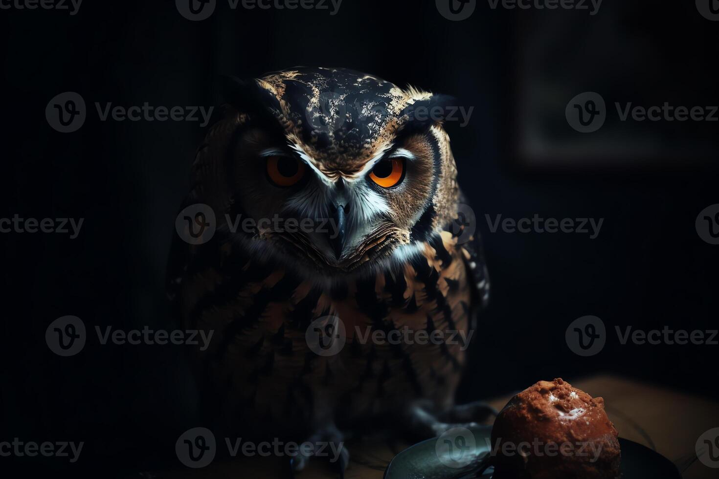 High Resolution Photo Of Halloween Owl With Grisly Face On Dark Background. Christmas Eve.