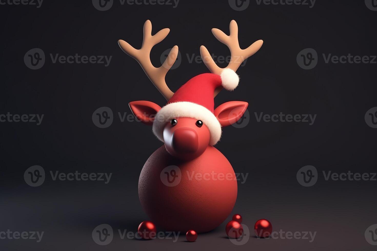 Reindeer with red nose and Santa hat 3D rendering. Christmas holiday. photo