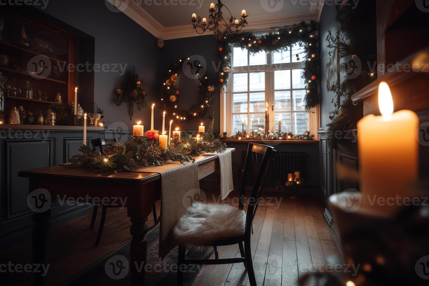 Room With Table, Chairs, Candles, And Flowers. Christmas Eve. photo