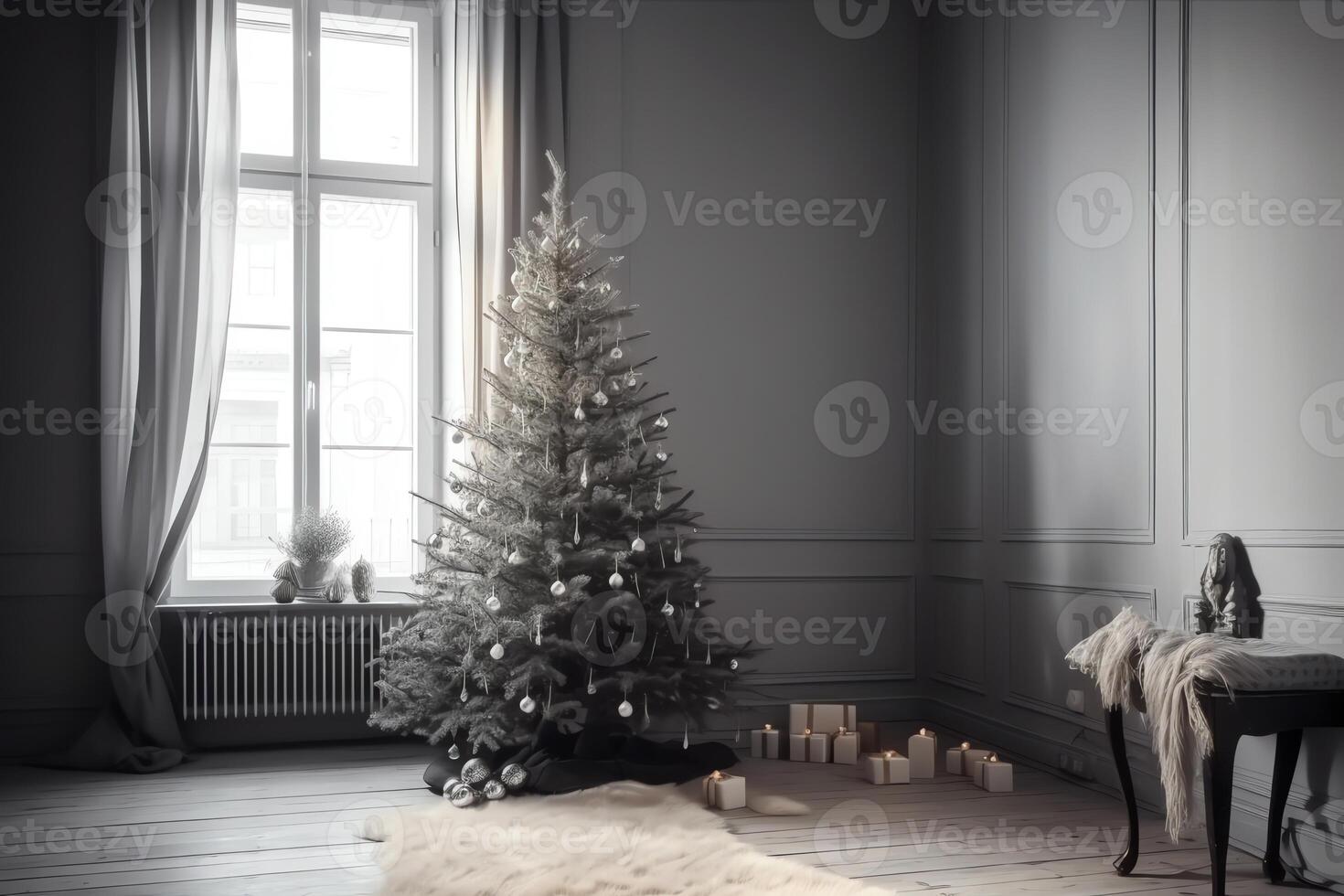 Minimalistic Christmas Tree In Festive Gray And Beige Interior. Christmas Eve. photo