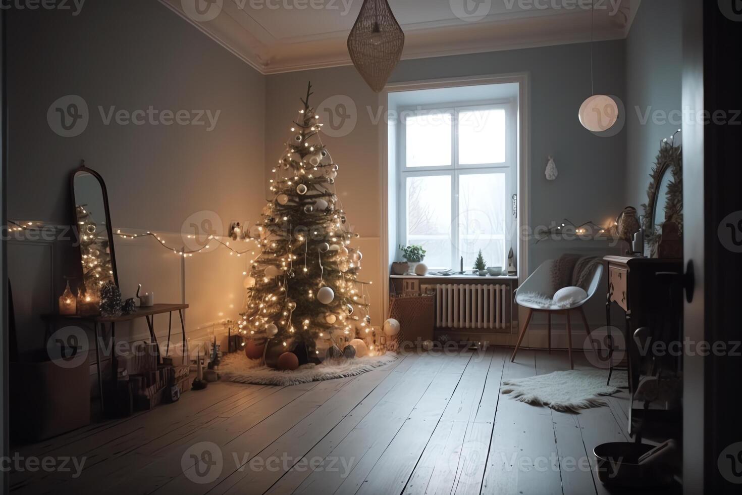 Stylish Christmas Tree With Vintage Baubles And Golden Lights In Scandinavian Room. Christmas Eve. photo