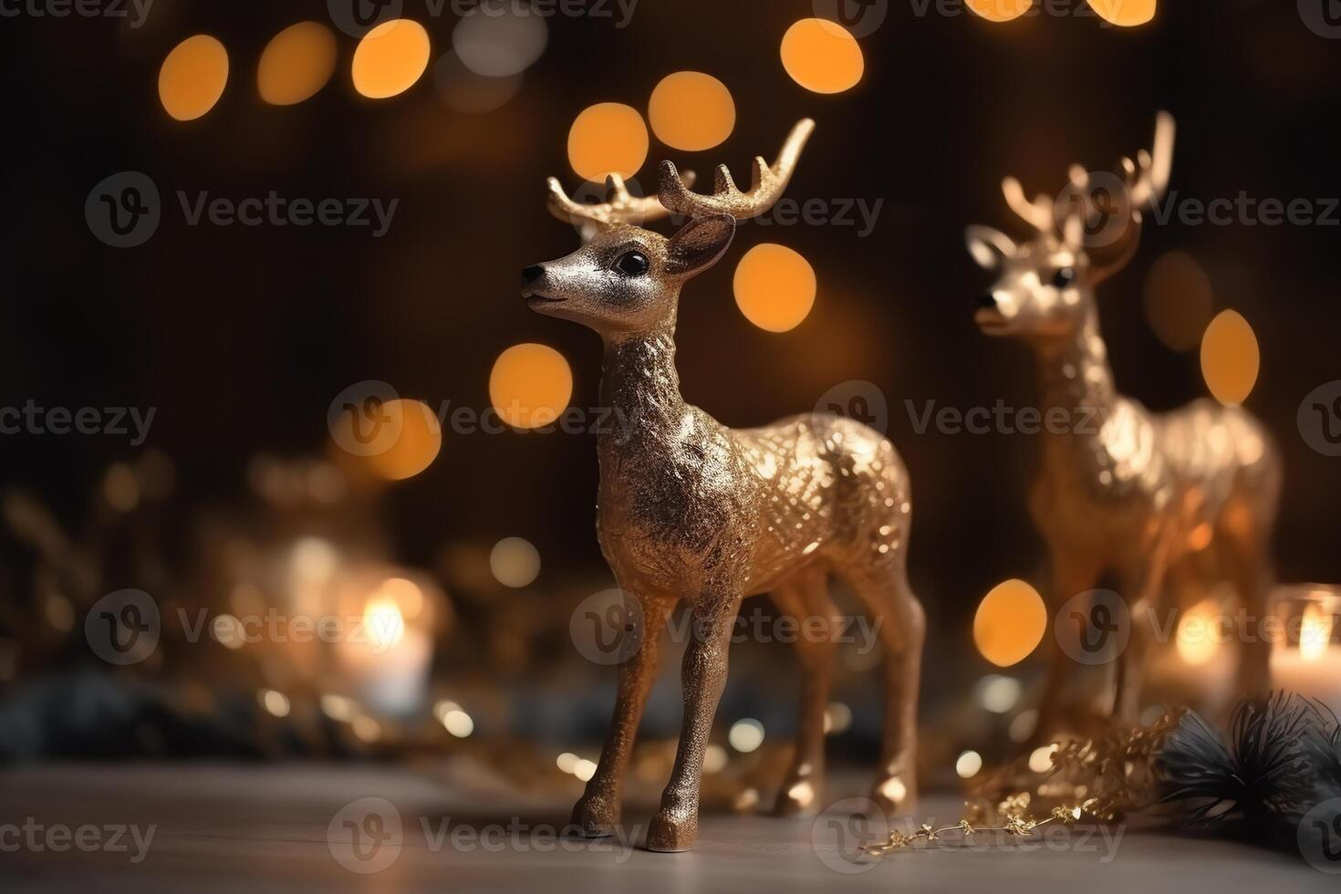 Toy reindeer among Christmas decorations with golden lights and candlesticks. Christmas holiday. photo