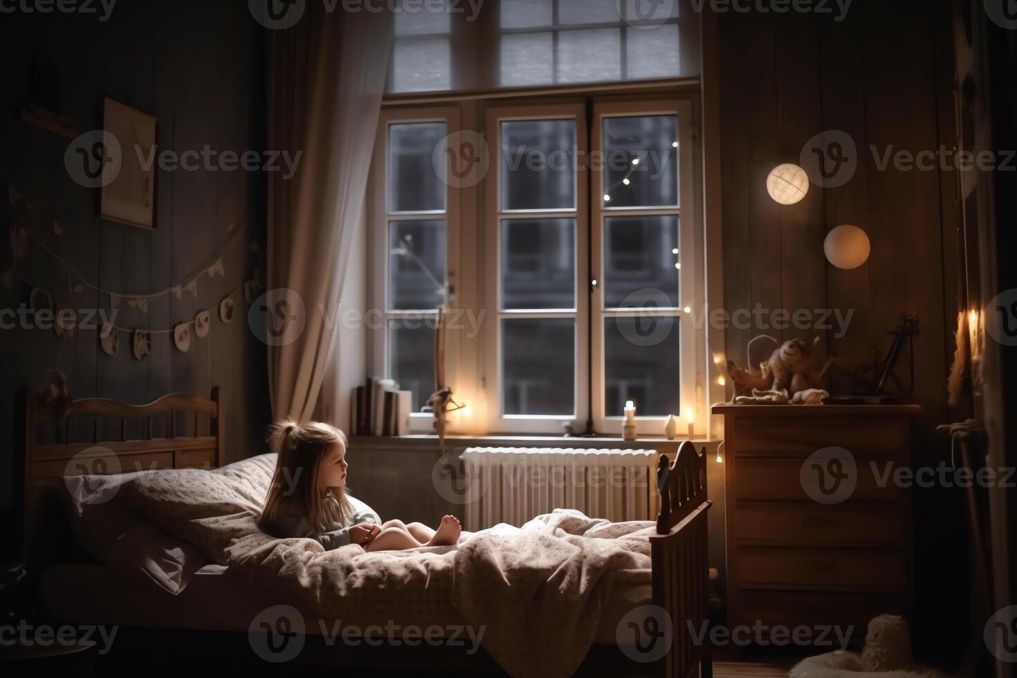 Girl's Bedroom At Night With Moon Lamp And Large Windows. Christmas Eve. photo