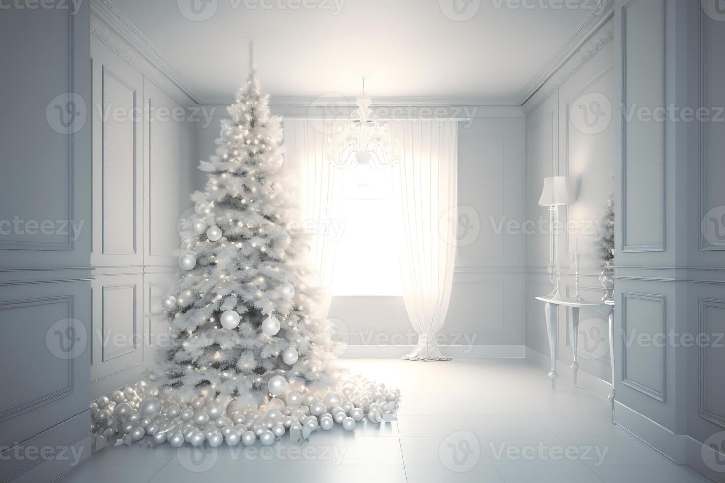 3d Rendered White Christmas Tree Interior Background. Christmas Eve. photo