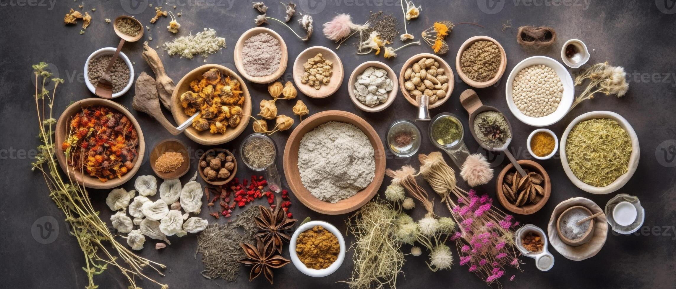 Group of traditional medicine, top view with aesthetic arrangement on concrete background. photo