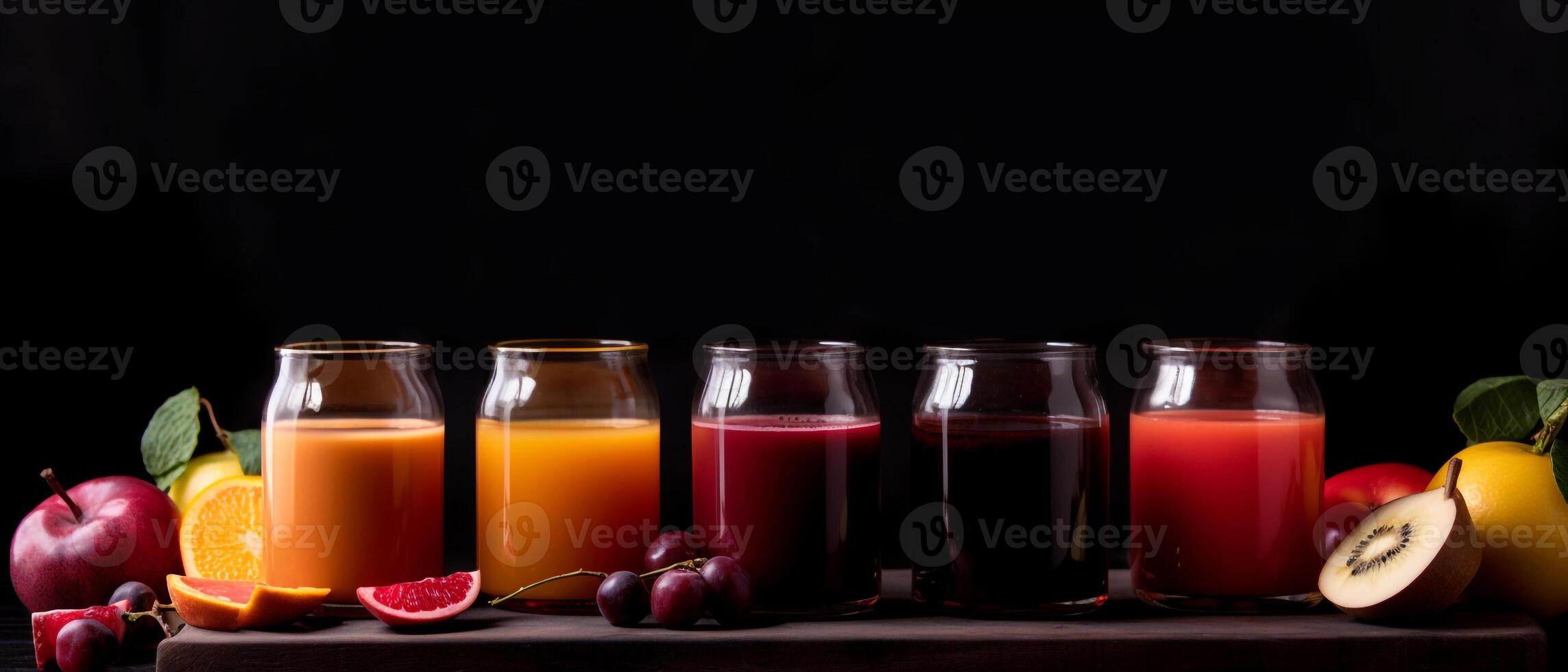 Various of juices with aesthetic arrangement on black background. photo