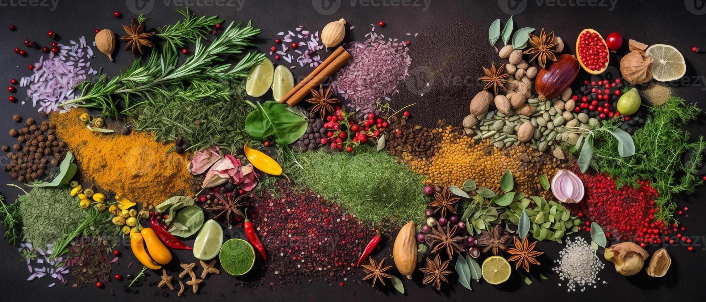 Herbs and spices for cooking with aesthetic arrangement, top view. photo