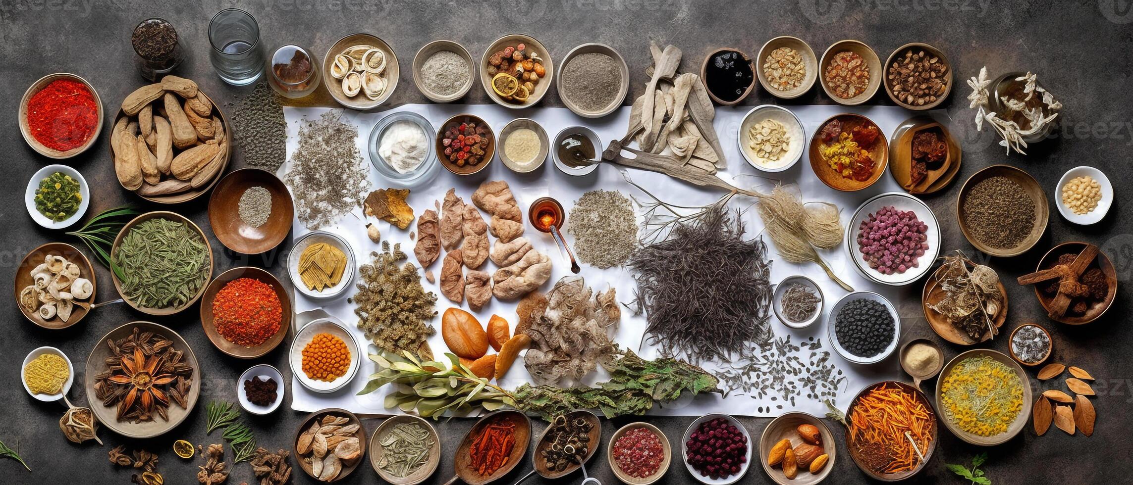 grupo de tradicional medicamento, parte superior ver con estético arreglo en hormigón antecedentes. foto