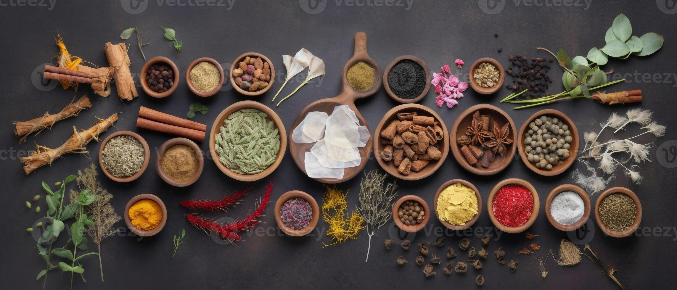 Group of traditional medicine, top view with aesthetic arrangement on concrete background. photo