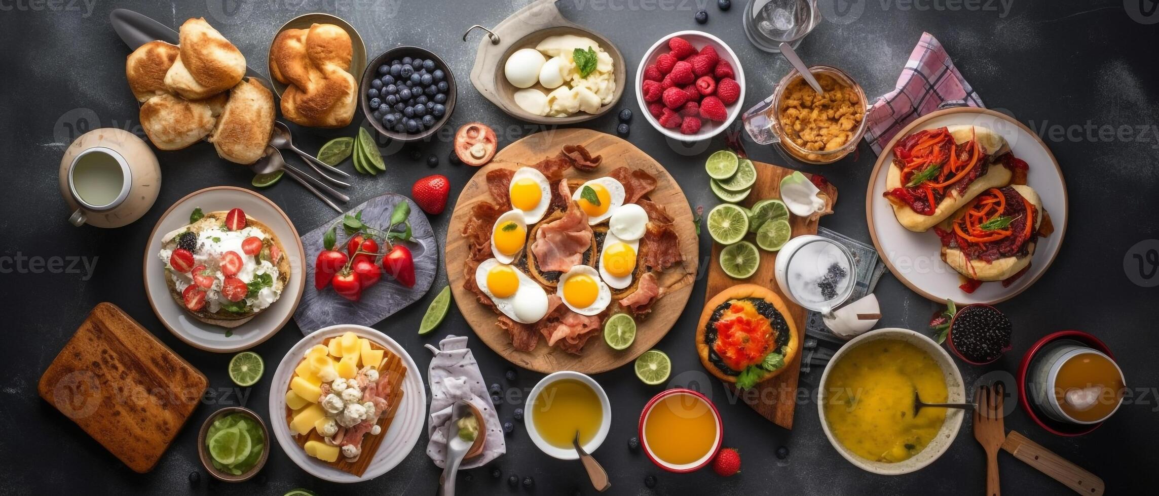 Set of American breakfast food with aesthetic arrangement, top view. photo