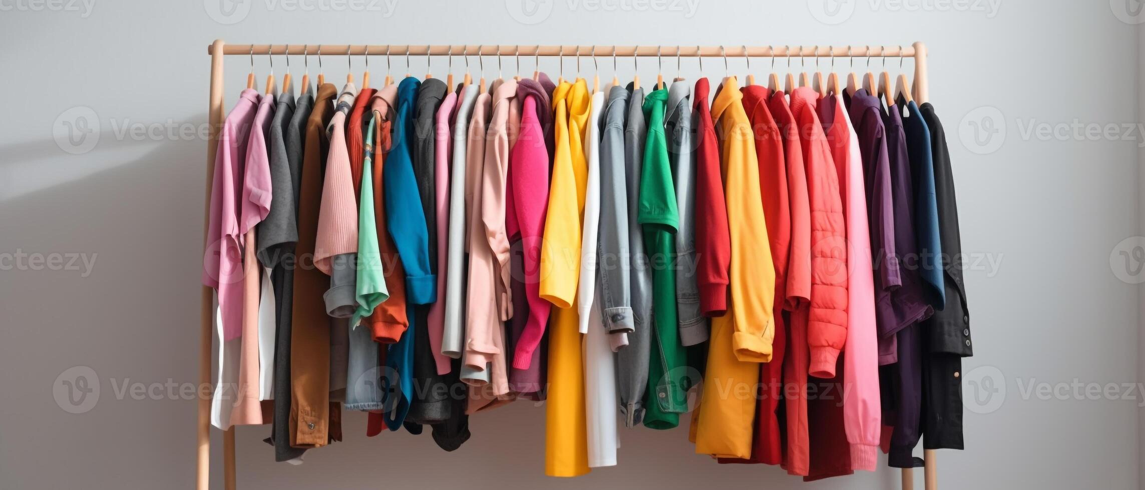 Fashion clothes on clothing rack - bright colorful closet. Closeup of rainbow color choice of trendy female wear on hangers in store closet or spring cleaning concept. Summer home wardrobe. photo