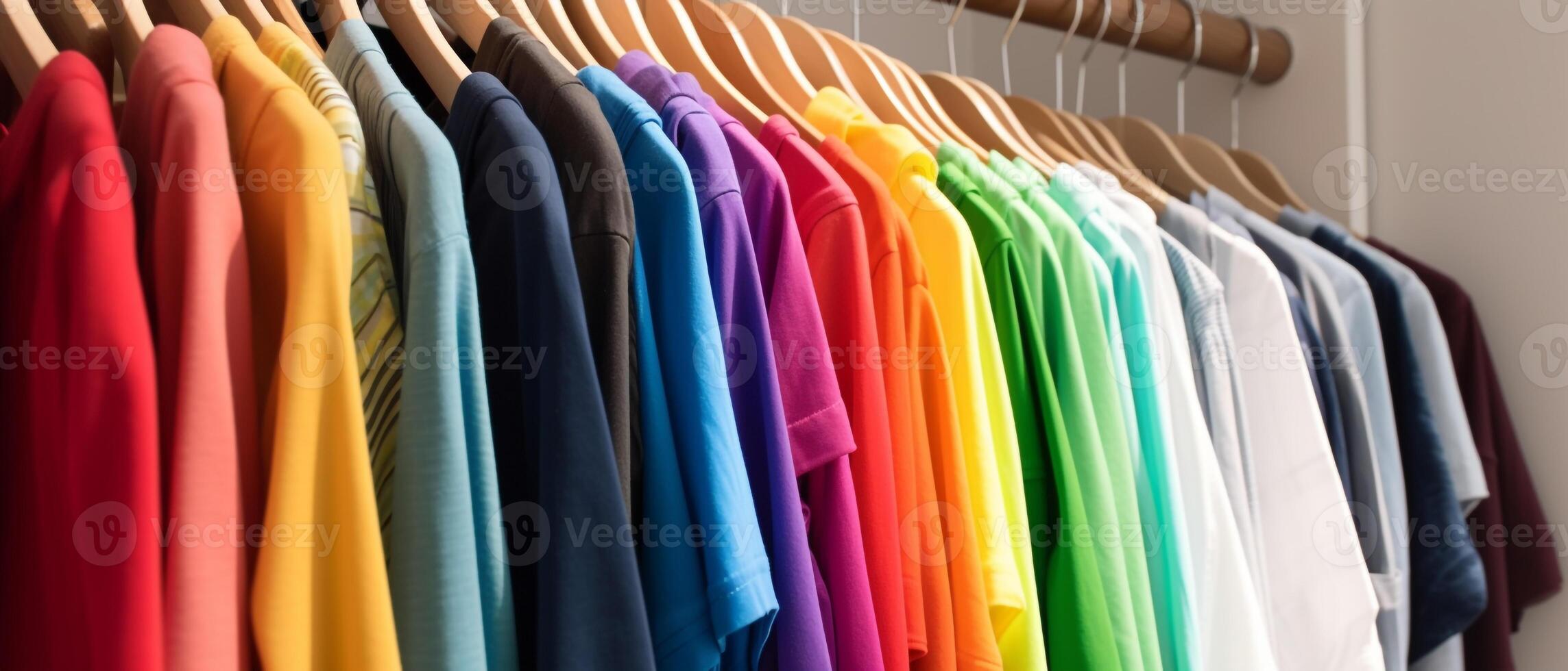 Fashion clothes on clothing rack - bright colorful closet. Closeup